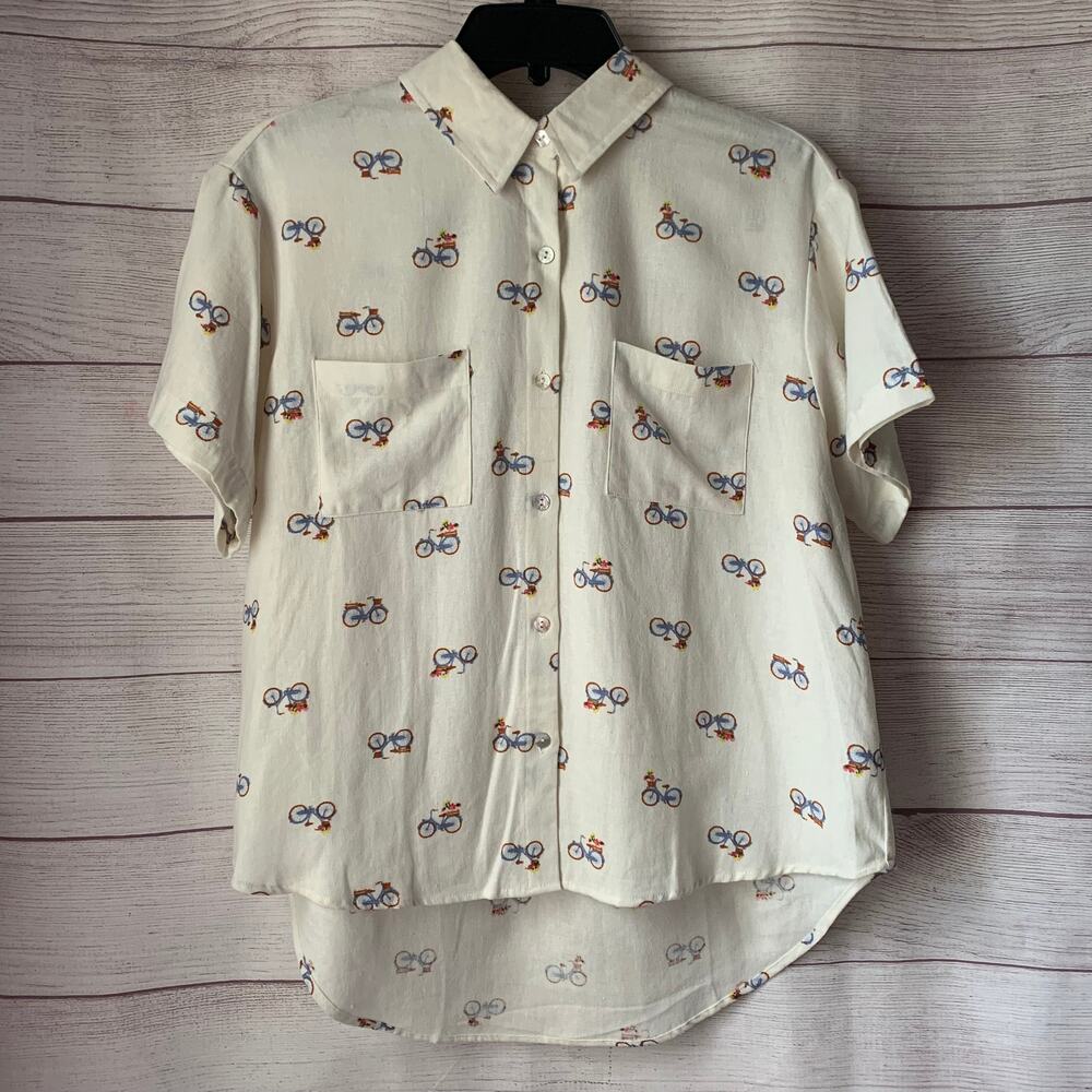 Rae Dunn Women's Linen Bicycle Pattern Button Up Shirt Short Sleeve Collar Large